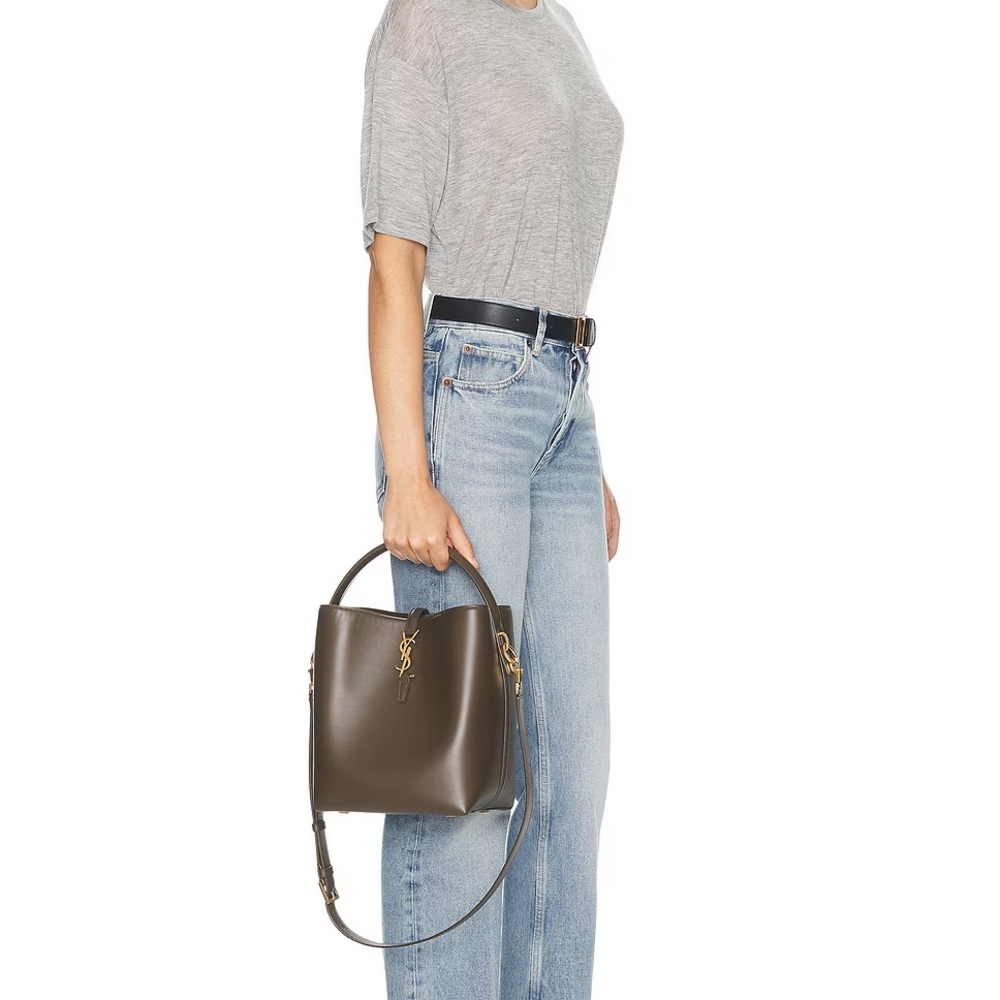 New Saint Laurent Le 37 Dark Olive Leather Bucket Tote with Gold Hardware